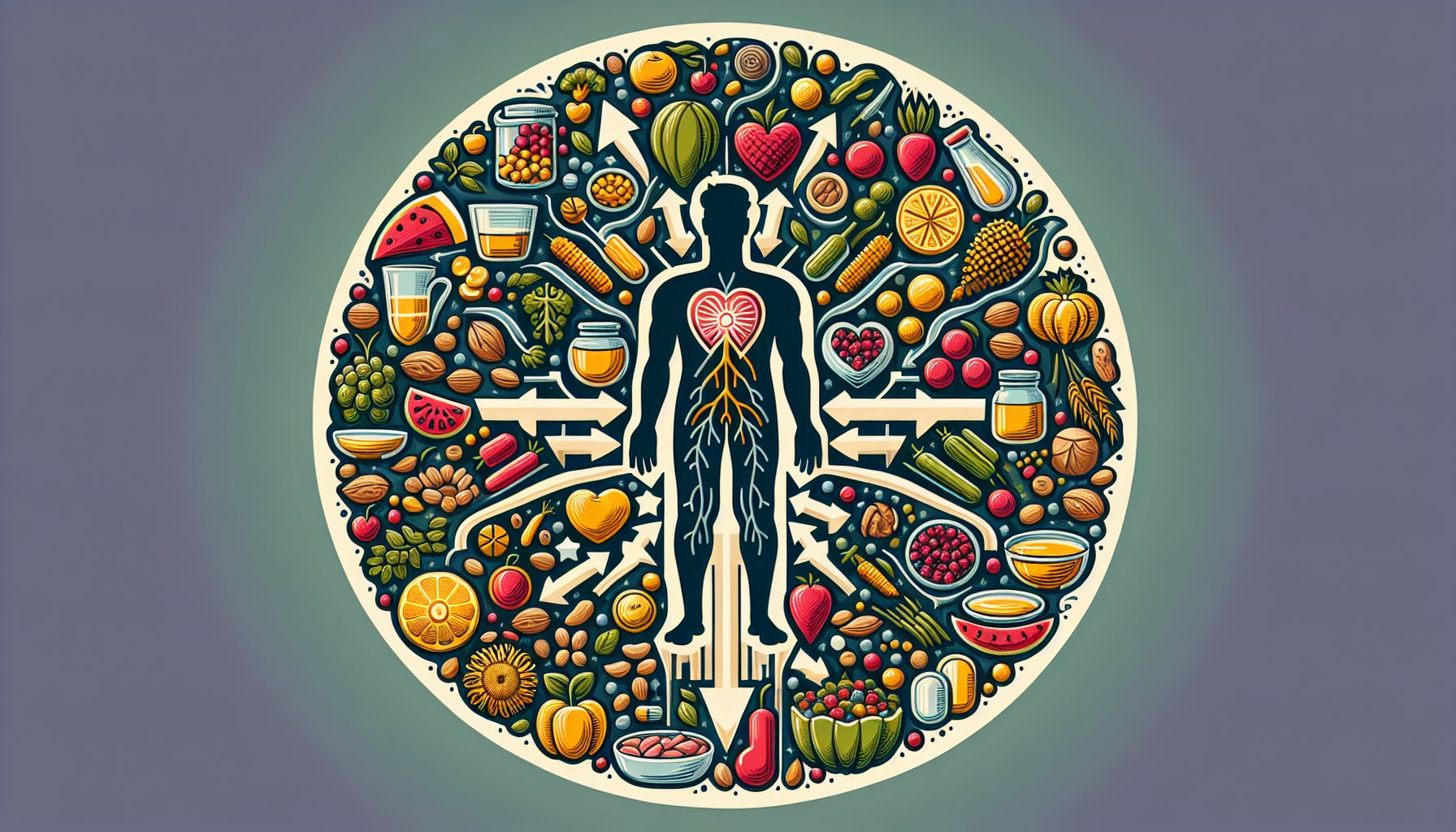 Image of various fruits, vegetables, and supplements representing vitamins and minerals